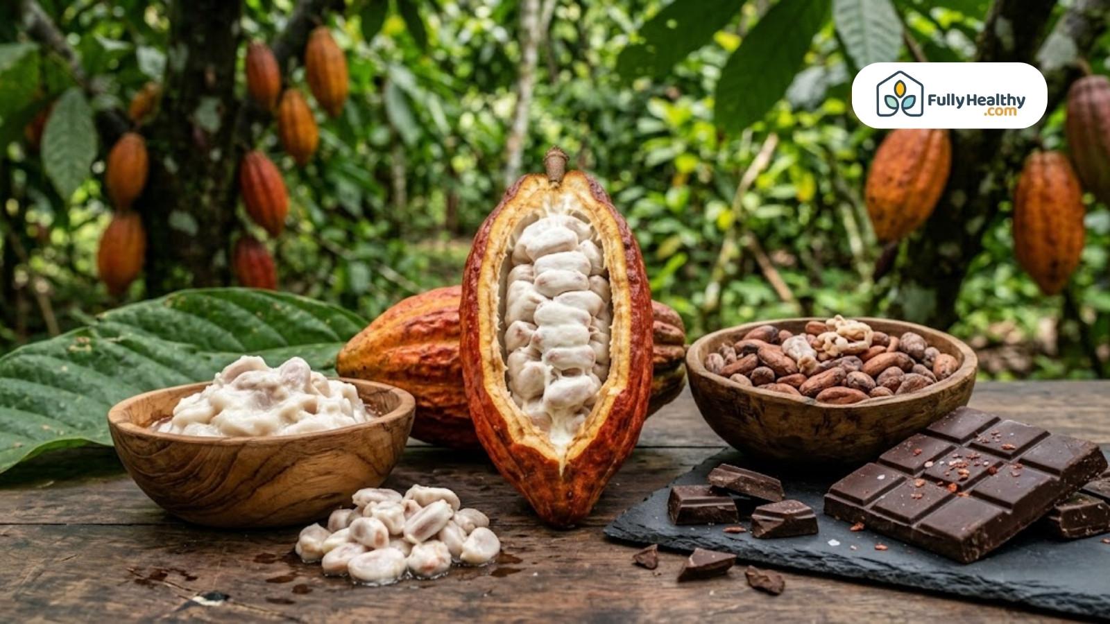 Fresh cacao pod opened showing beans beside chocolate and cacao nibs