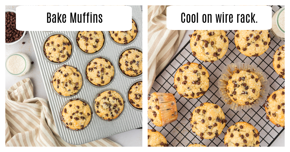 baked chocolate chip muffins in pan and on a wire rack
