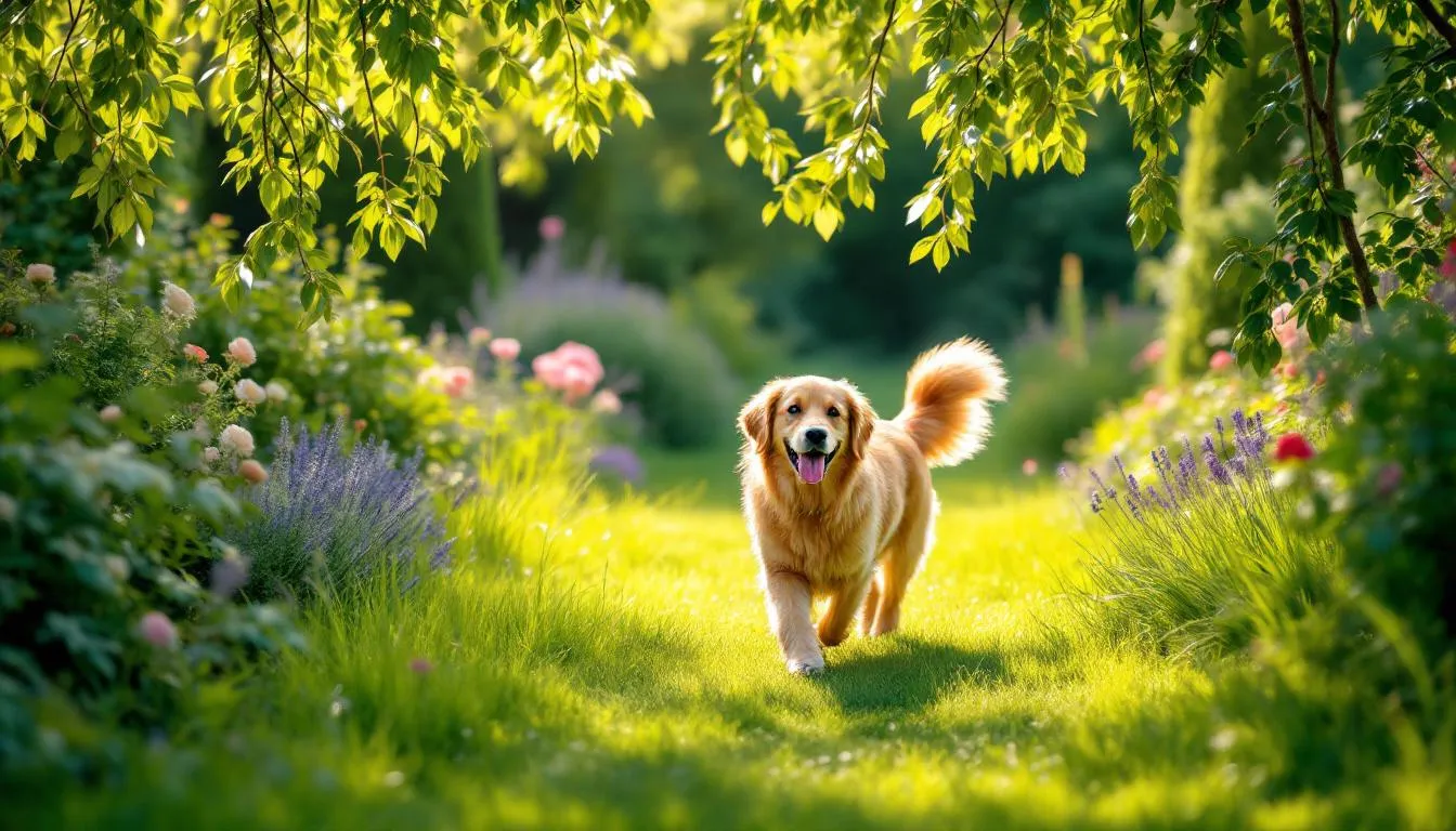 A dog, possibly a bull terrier, is peacefully walking under low hanging branches in a lush garden setting, embodying the calmness of a dog
