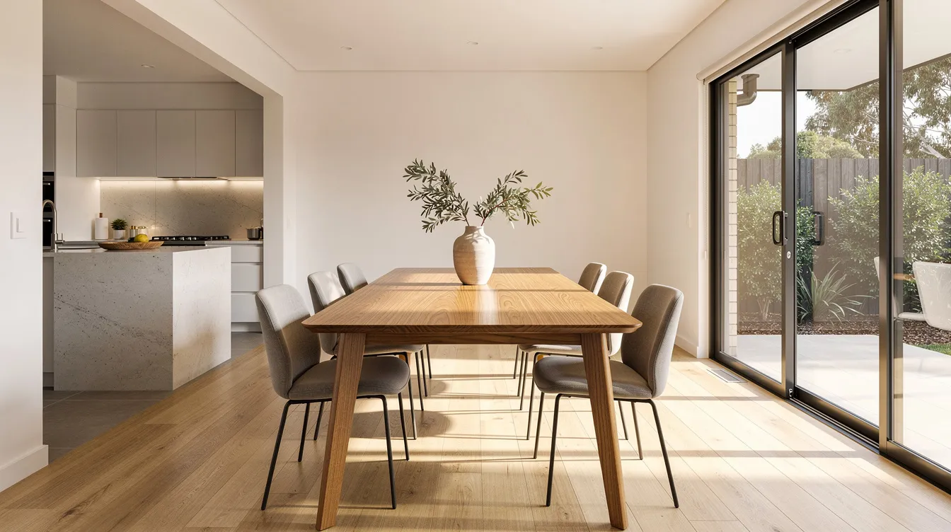 A modern dining room features a sturdy timber dining table surrounded by six stylish chairs, creating a welcoming space for family and friends to gather. The open-plan design enhances the warmth and functionality of the home, perfect for special occasions or everyday meals.
