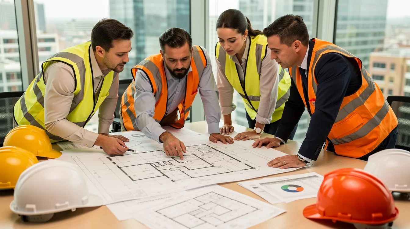 A construction team is gathered around a conference table, reviewing blueprints and cost documents, with hard hats visible on the table. This scene highlights the importance of project management in construction projects, focusing on tracking actual costs and ensuring accurate estimates for future projects.
