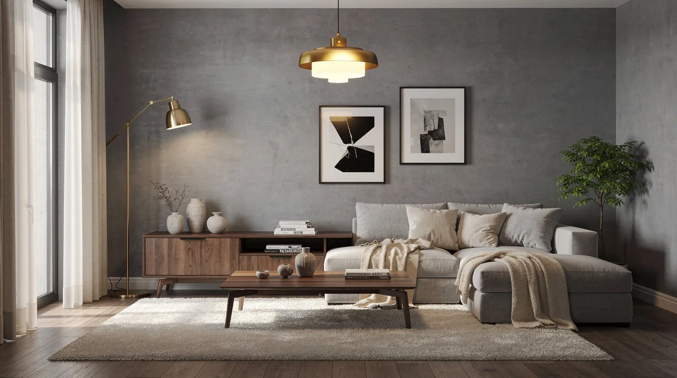 A contemporary living room features a grey-toned palette accented with warm walnut furniture and brass lighting fixtures, complemented by soft cream textiles. The harmonious color scheme creates a balanced and inviting space, showcasing the effective use of warm colors and subtle contrasts in interior design.
