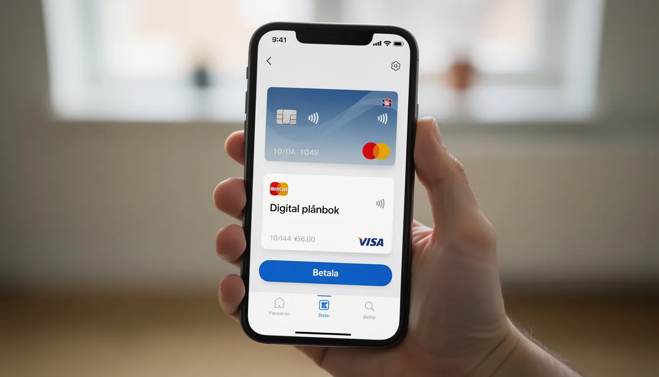 En hand håller en smartphone där appen Wallet är öppen och visar en digital plånbok med möjligheten att använda Apple Pay som betalningsmetod. Skärmen visar alternativ för insättningar och uttag, vilket gör det enkelt och smidigt att betala med Apple Pay.