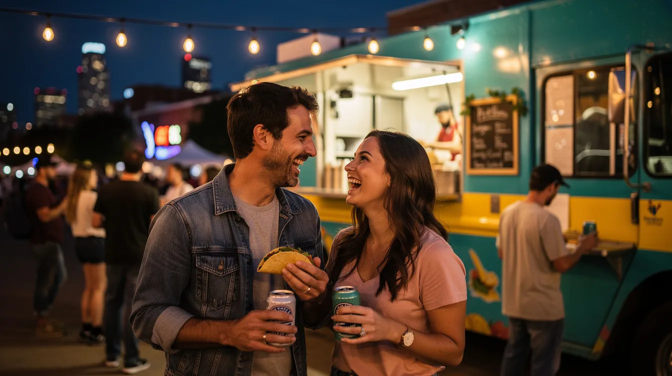A couple enjoys a romantic date at a food truck in Austin, TX, surrounded by the vibrant atmosphere of downtown. They share delicious snacks and cold beer while taking in the lively scene, making it a fun way to bond and create lasting memories.