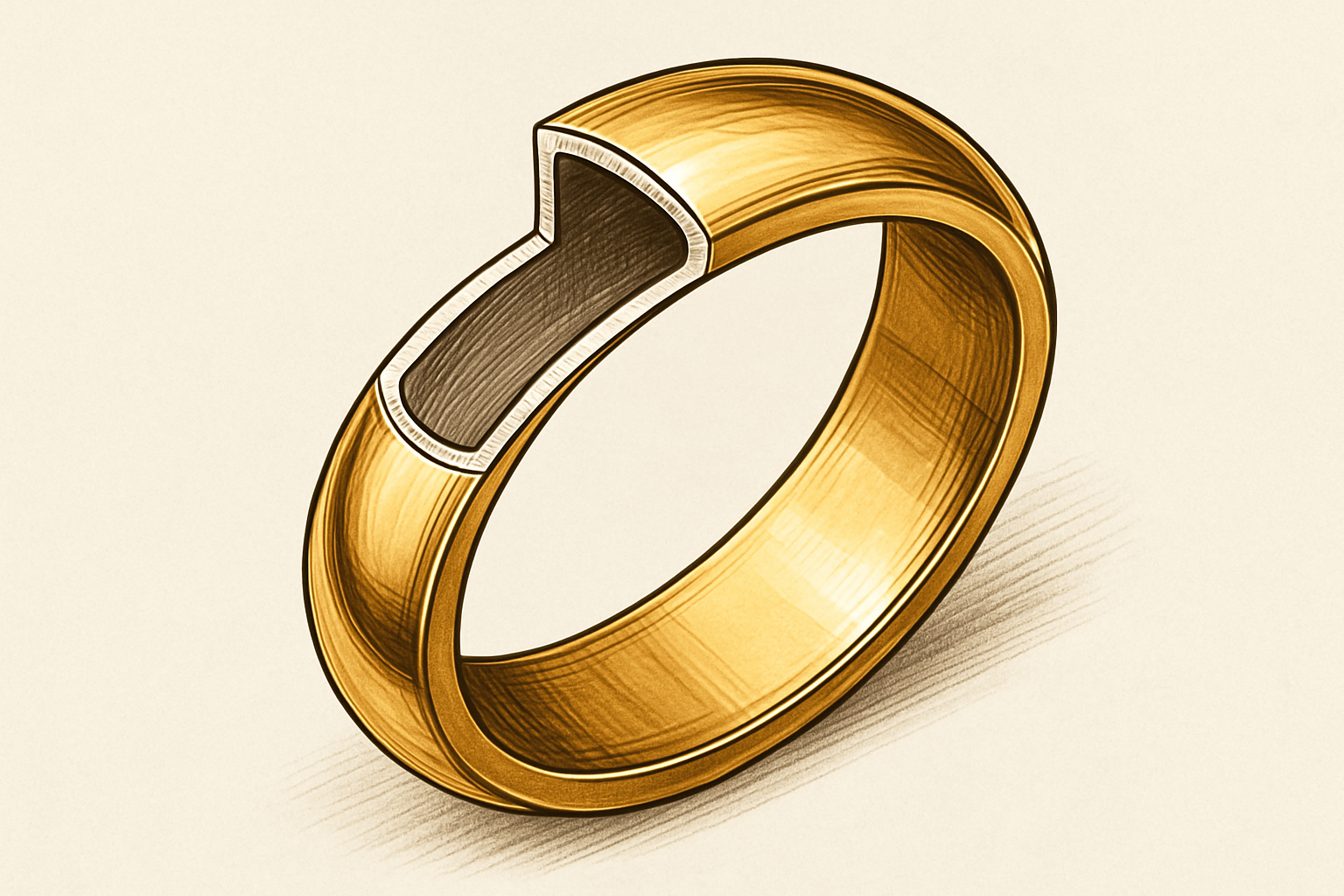 Perpjautas auksinis vestuvinis žiedas, kurio viduje aiškiai matoma tuščia ertmė, iliustruojanti tuščiavidurę žiedo konstrukciją ir jos mažesnį patvarumą.