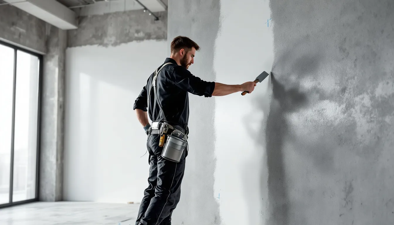 A professional applying render to a wall, showcasing the application process.