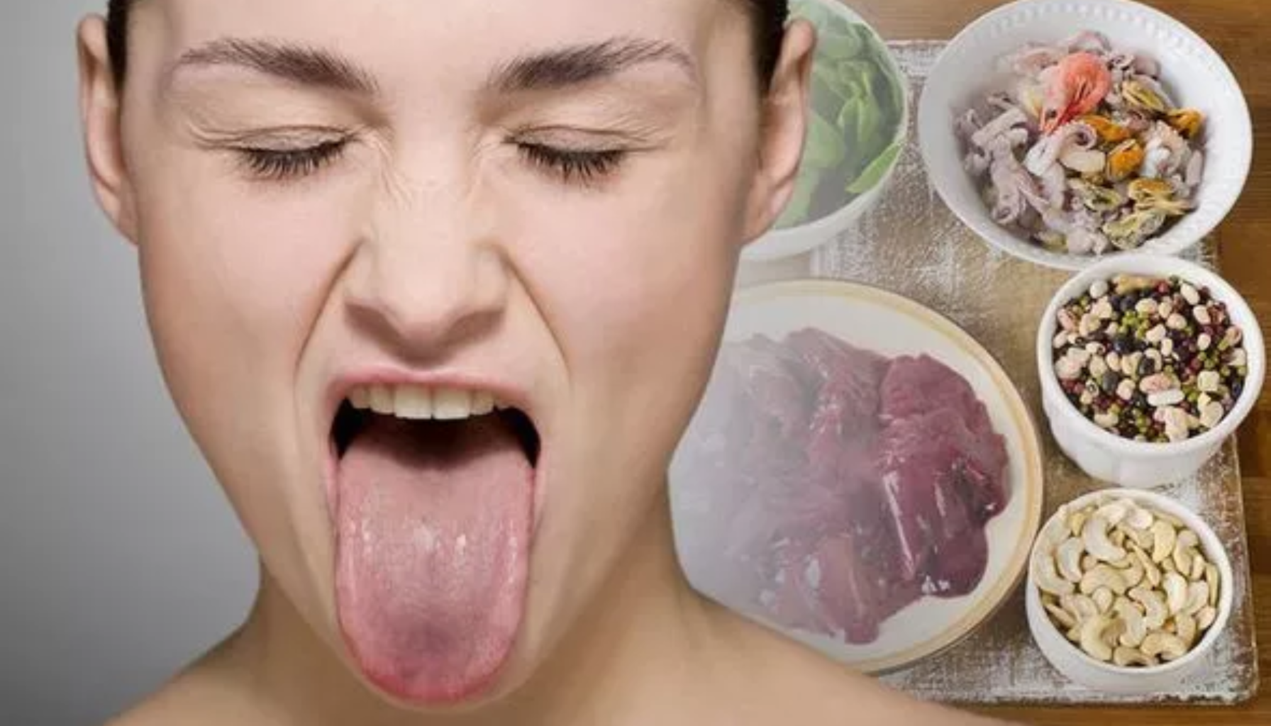 "Kvinne viser tunge ved siden av mat rik på vitaminer og mineraler for bedre munnhelse."