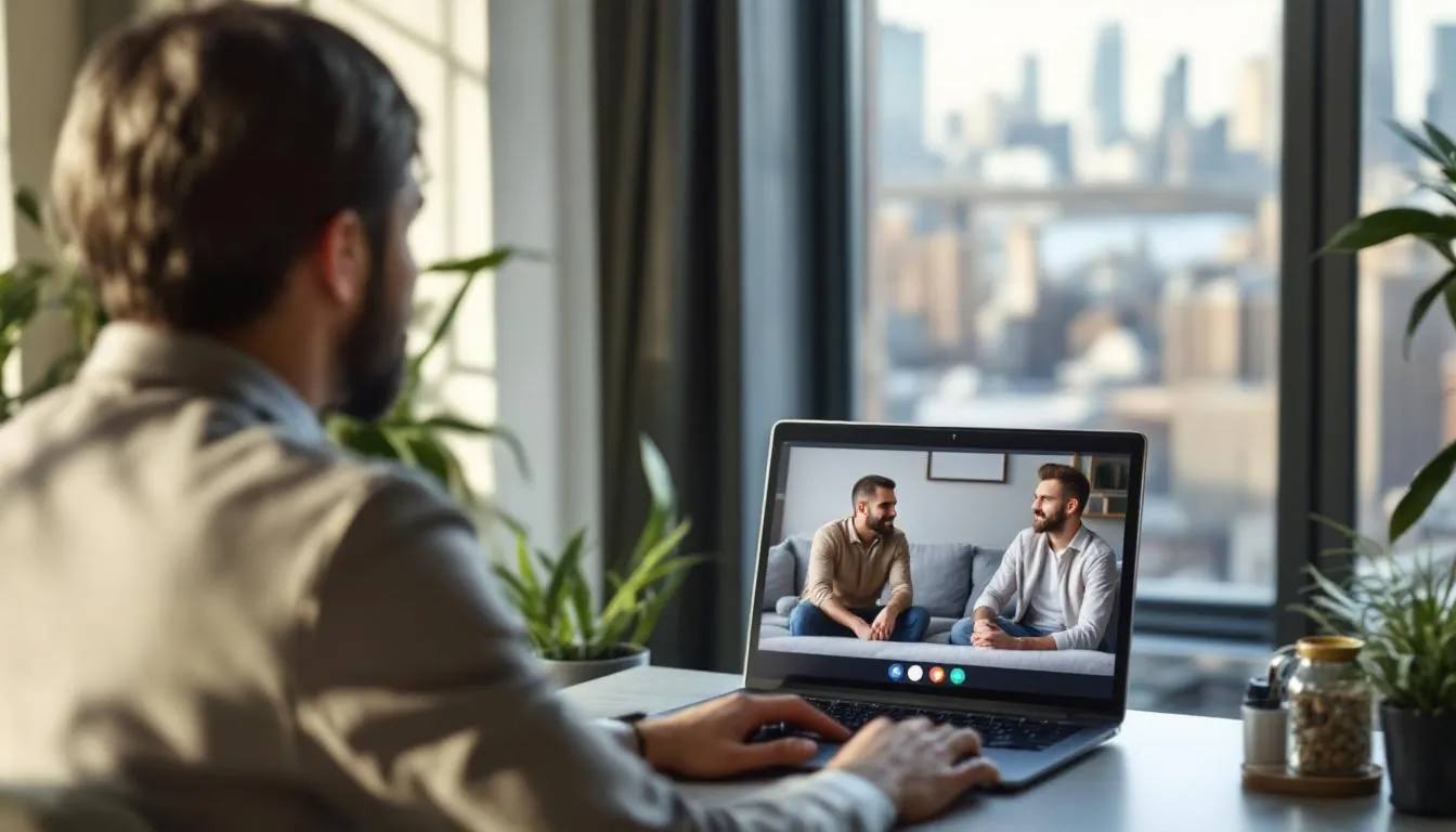 In a cozy Manhattan apartment with a view of the Brooklyn Bridge, a professional therapist conducts an online therapy session with a gay couple, who are sitting together on a couch, engaged in open communication about their relationship. The scene captures a moment of emotional connection as they explore topics like conflict resolution and intimacy, fostering mutual understanding in their gay relationship.