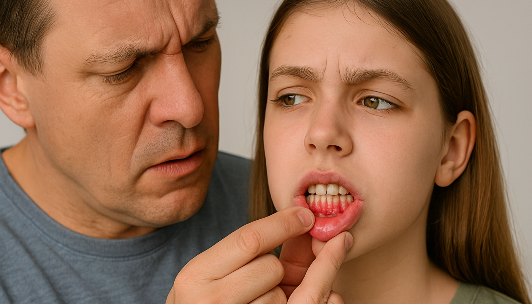 Mann undersøker jentas røde hovne tannkjøtt ved å trekke ned leppen, synlig tegn på arvelig tannkjøttsykdom.