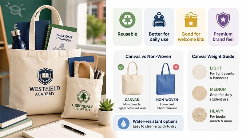 Canvas school tote bags for welcome kits, daily student use, and premium campus branding.