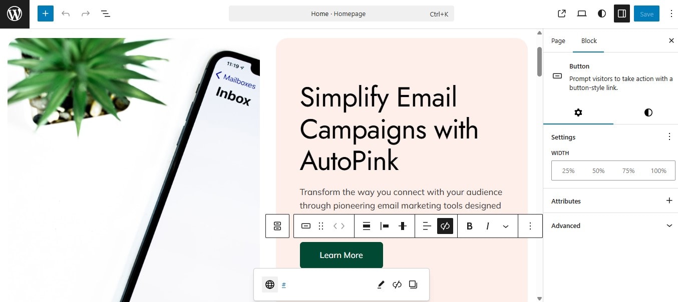 Customizing the landing page in the block editor
