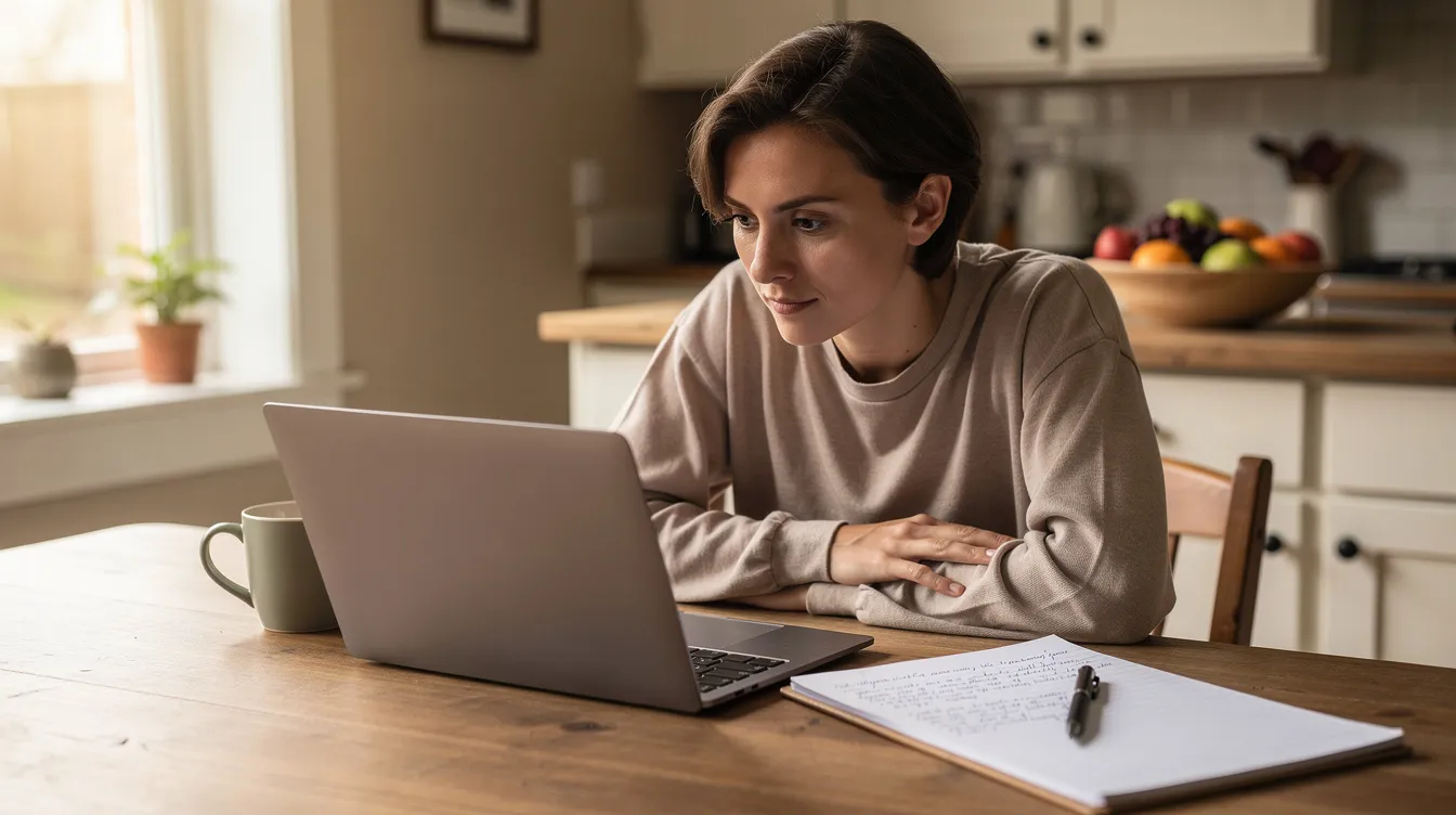 A person is seated at a kitchen table, focused on their laptop while researching immigration and citizenship topics, with a notepad for jotting down notes beside them. The scene highlights the importance of seeking professional immigration consultants for accurate and reliable citizenship advice.