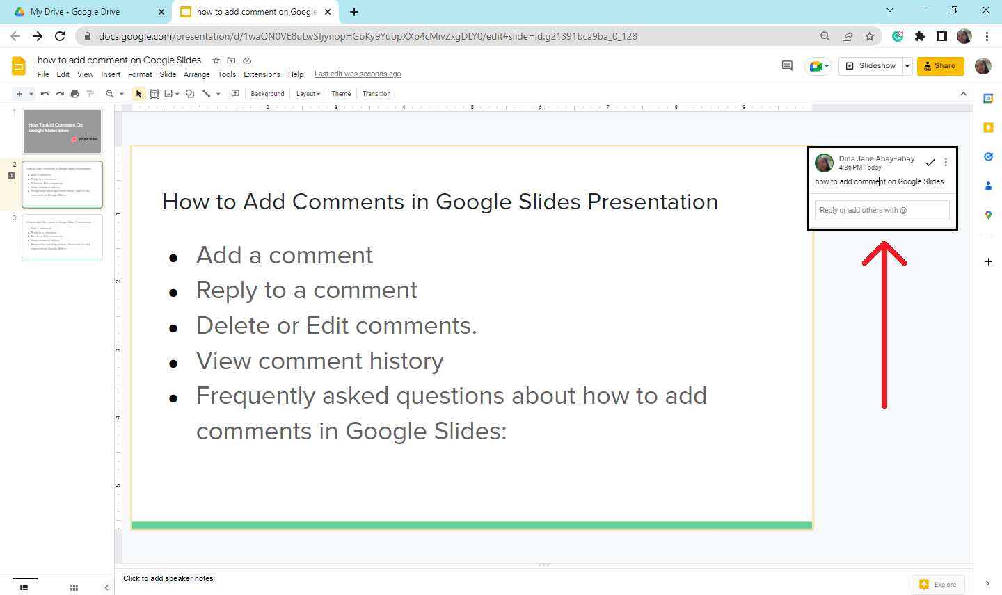In your Google Slides, select the comment that your workmate left for you.