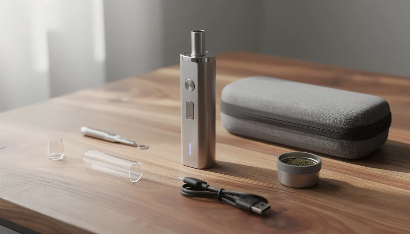 Ein tragbarer Vaporizer, der G Pen Elite II, liegt zusammen mit seinem Zubehör auf einer Holzoberfläche. Der Vaporizer besitzt ein TFT-Display, einen USB-C-Anschluss zum Laden und ist aus einer Zinklegierung gefertigt, was ihm ein elegantes Design verleiht.