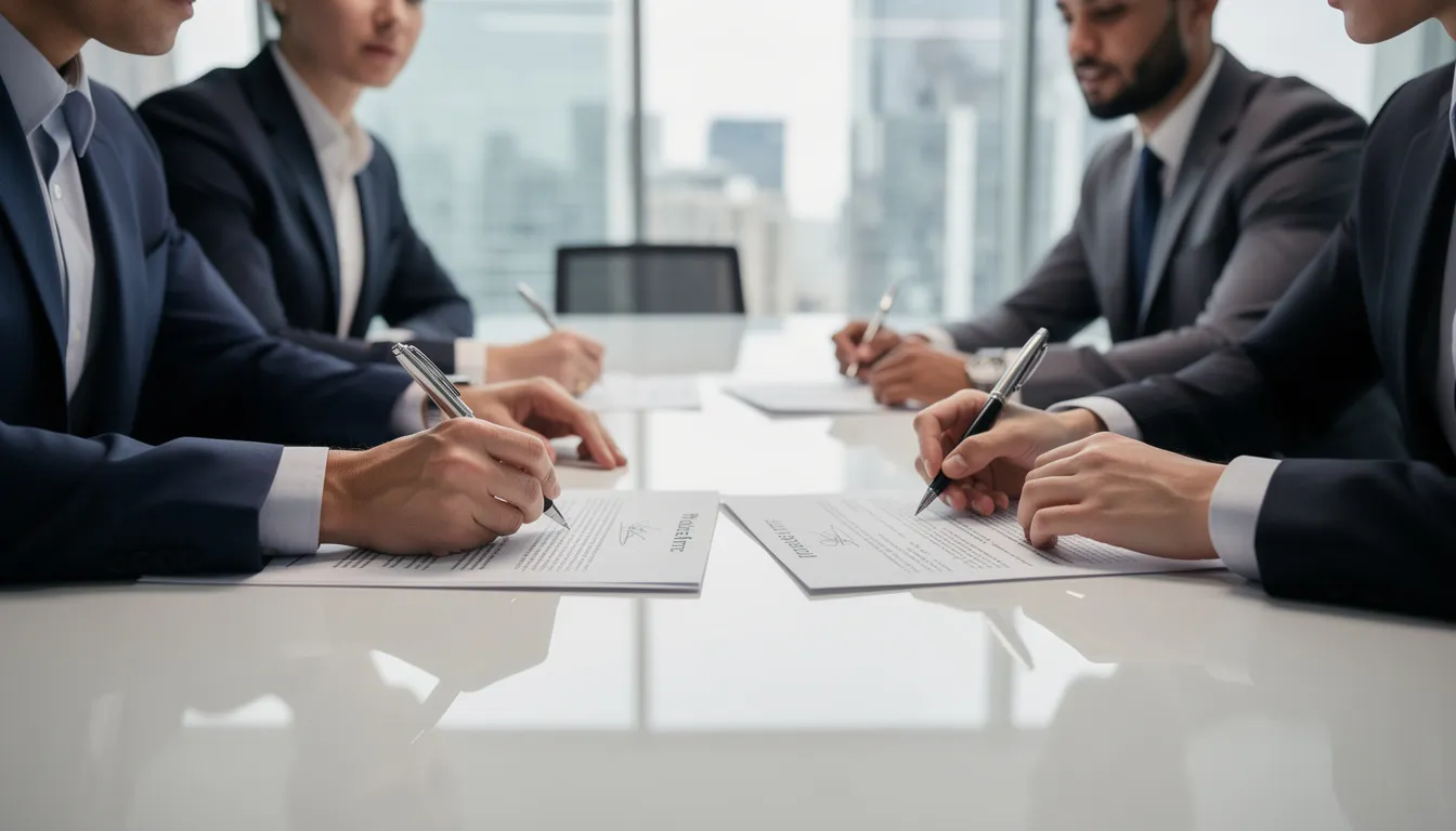 The image depicts a group of business professionals engaged in signing legal documents, likely related to venture capital investments or corporate governance issues. The setting suggests a formal environment where startup lawyers are advising clients on important agreements that could impact emerging growth companies and their funding strategies.