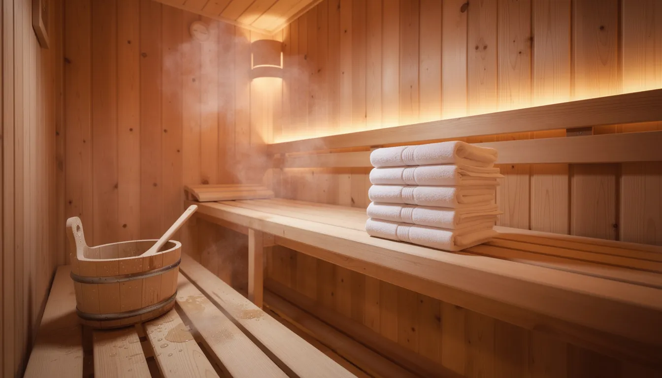 The image depicts a cozy wooden sauna interior illuminated by warm amber lighting, featuring neatly folded towels resting on a bench, inviting users to enjoy a relaxing sauna session. This traditional sauna setting emphasizes the health benefits of sauna use, promoting muscle relaxation and stress reduction in a serene atmosphere.