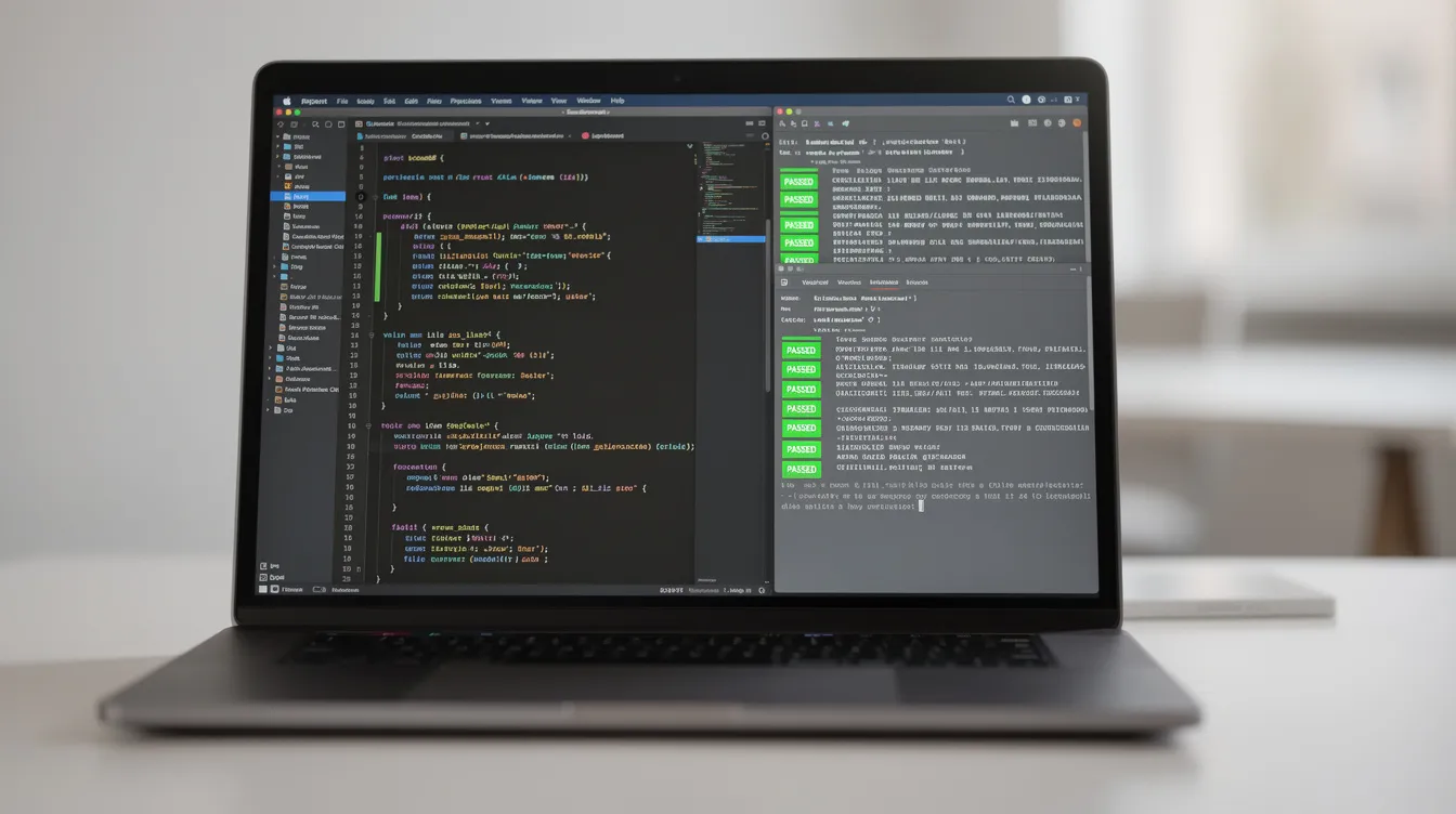 The image depicts a split-screen view of a laptop, with one side showcasing a code editor filled with readable code snippets, and the other side displaying a terminal running automated unit tests. This setup illustrates a typical software development workflow, highlighting the integration of AI coding tools for efficient code generation and testing.