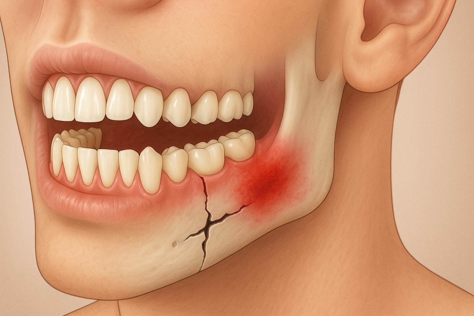 Nærbilde av brukket kjeve med synlig hevelse og rødhet rundt bruddstedet under tennene.