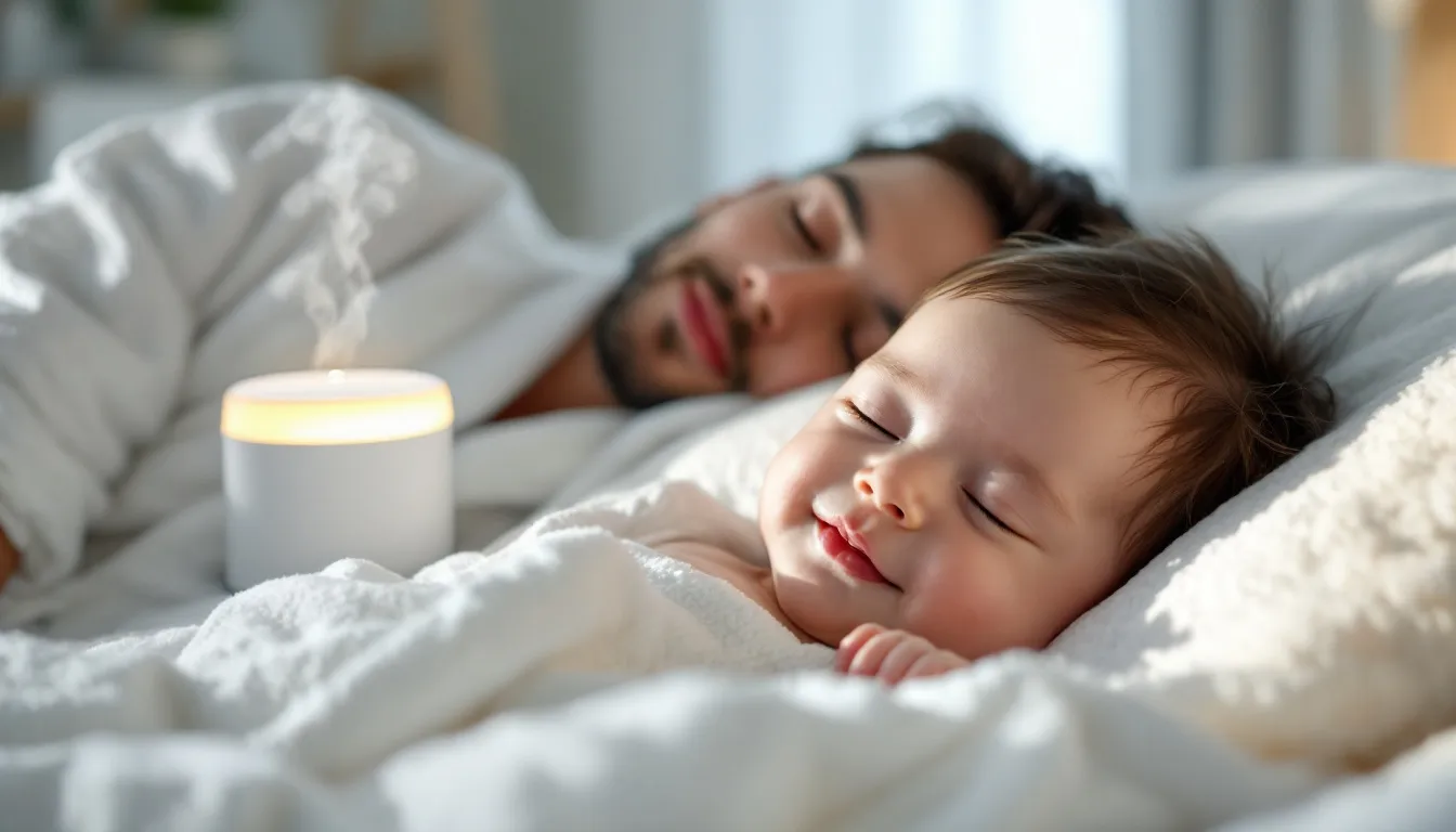 A baby and adult peacefully sleeping with the help of a white noise machine.