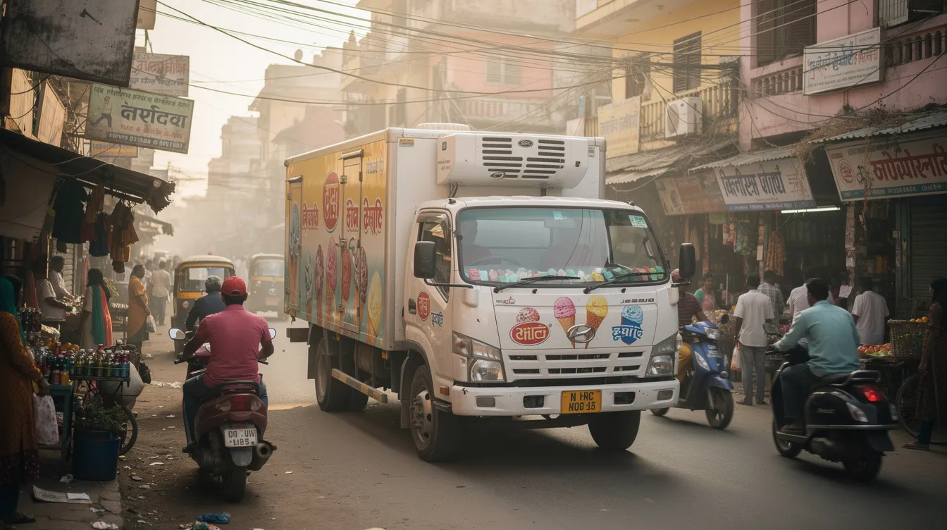 52f90a39 a073 4b89 9d24 5acabb6e7086 A refrigerated ice cream delivery truck drives through a bustling Indian city street, showcasing the vibrant ice cream industry and its crucial role in the cold chain infrastructure for distributing frozen desserts. The truck is a key element in meeting customer demand for tasty treats like chocolate and mango ice cream, contributing to the growth of local ice cream shops and businesses.