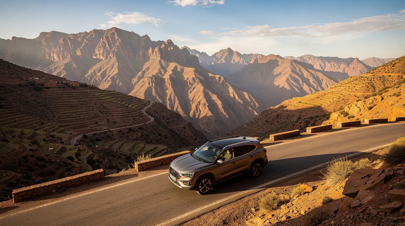 SUV sur une route de montagne avec vue sur le Haut Atlas.