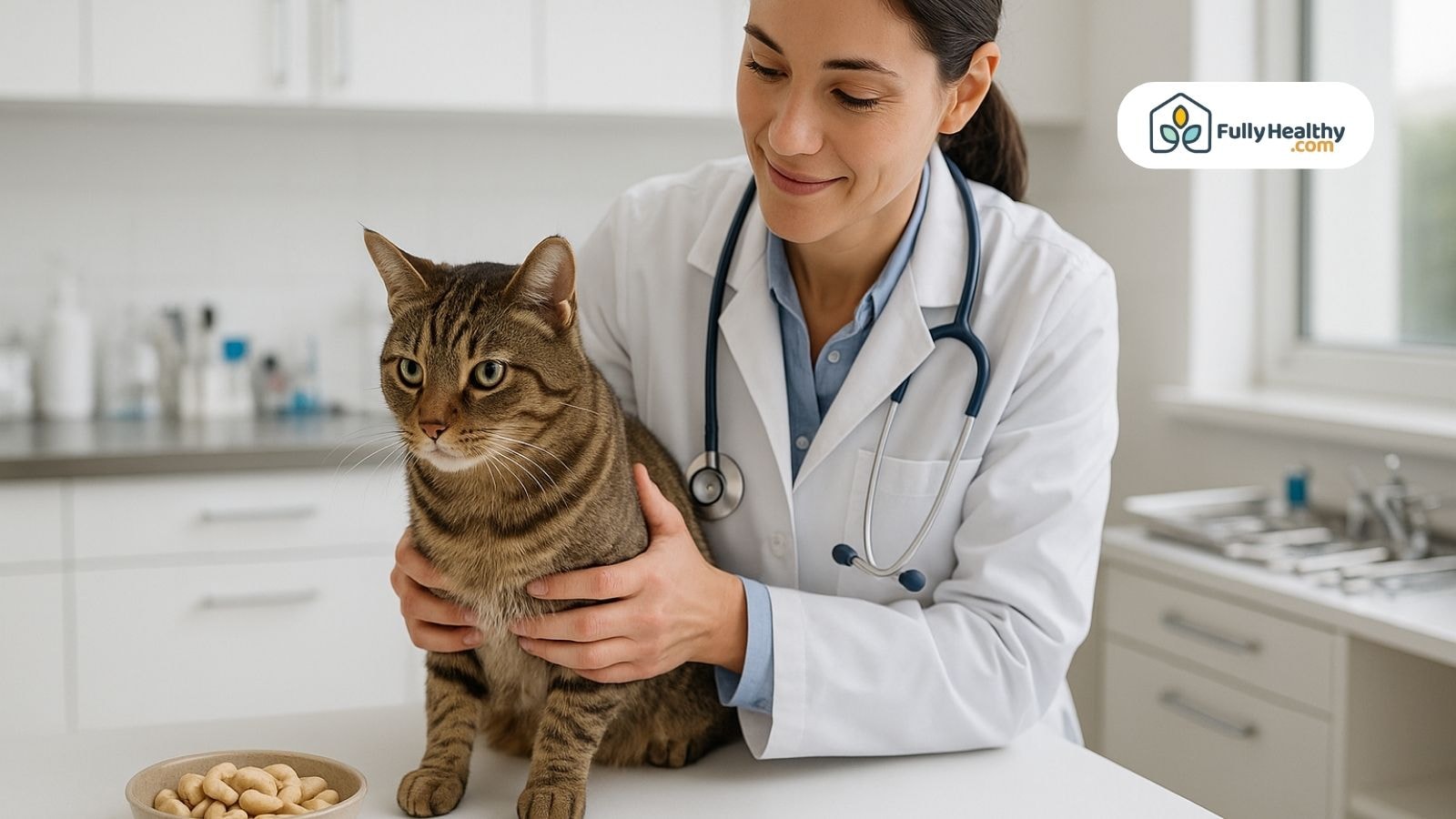 Veterinarian holding cat beside a bowl of cashews on counter
