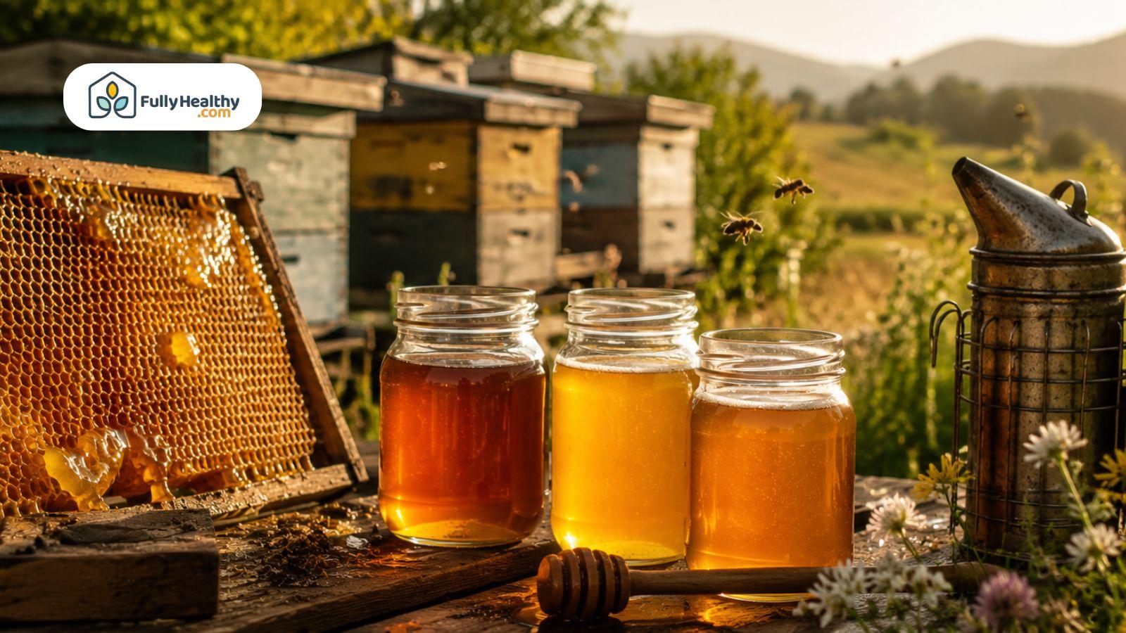 Raw honey jars beside beehives during golden sunset in countryside apiary