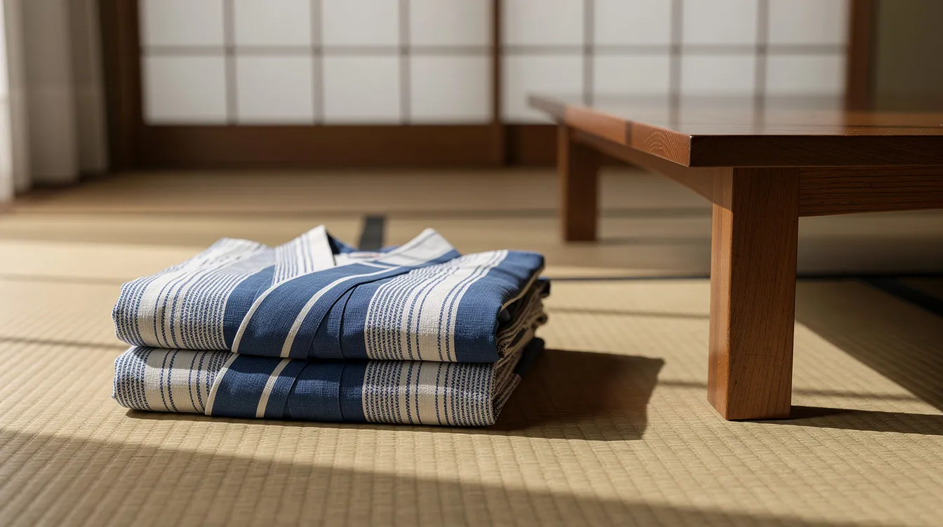 A blue and white cotton yukata robe is neatly folded on a tatami mat next to a low wooden table in a traditional Japanese room, showcasing elements of Japanese culture and ryokan etiquette. The serene setting reflects the ambiance of a guest room in an onsen ryokan, inviting guests to relax and enjoy their stay.
