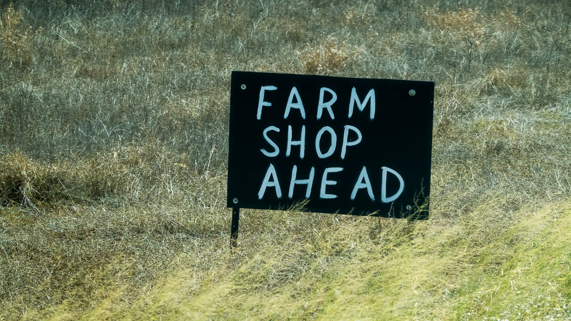 A sign that reads "Farm Shop Ahead." Small rural stores may be a great place to sell sawdust. 