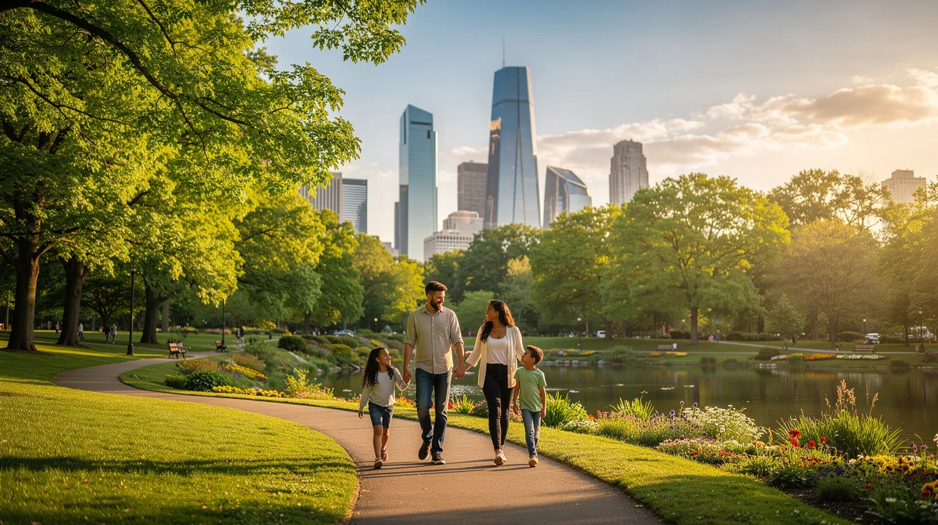 A family strolls through a lush green park, surrounded by vibrant greenery, while modern skyscrapers, including the iconic Dubai skyline, rise majestically in the distance. The scene captures the blend of old and new Dubai, showcasing the city's evolution and the beauty of Zabeel Park, conveniently located near the Dubai Frame.
