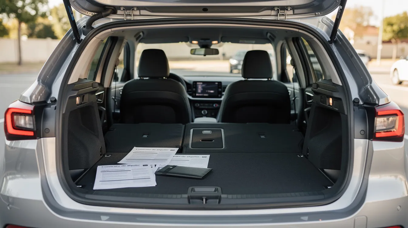 Clean rental car interior with documents on the seat and the boot open.