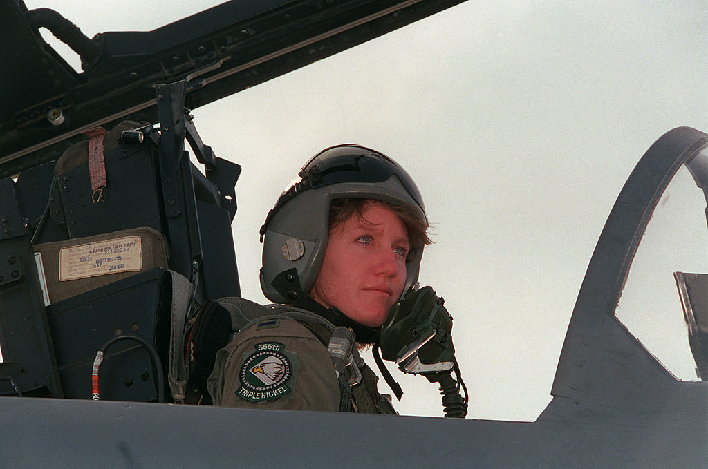 Jeannie Leavitt, first female fighter pilot in the U.S. in her aircraft.