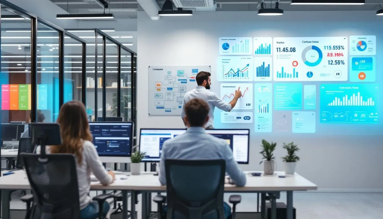 The image depicts a dynamic team at a leading digital marketing agency collaborating on innovative marketing strategies. They are engaged in discussions about social media marketing and performance marketing, showcasing their commitment to driving results for clients through effective marketing campaigns and services.