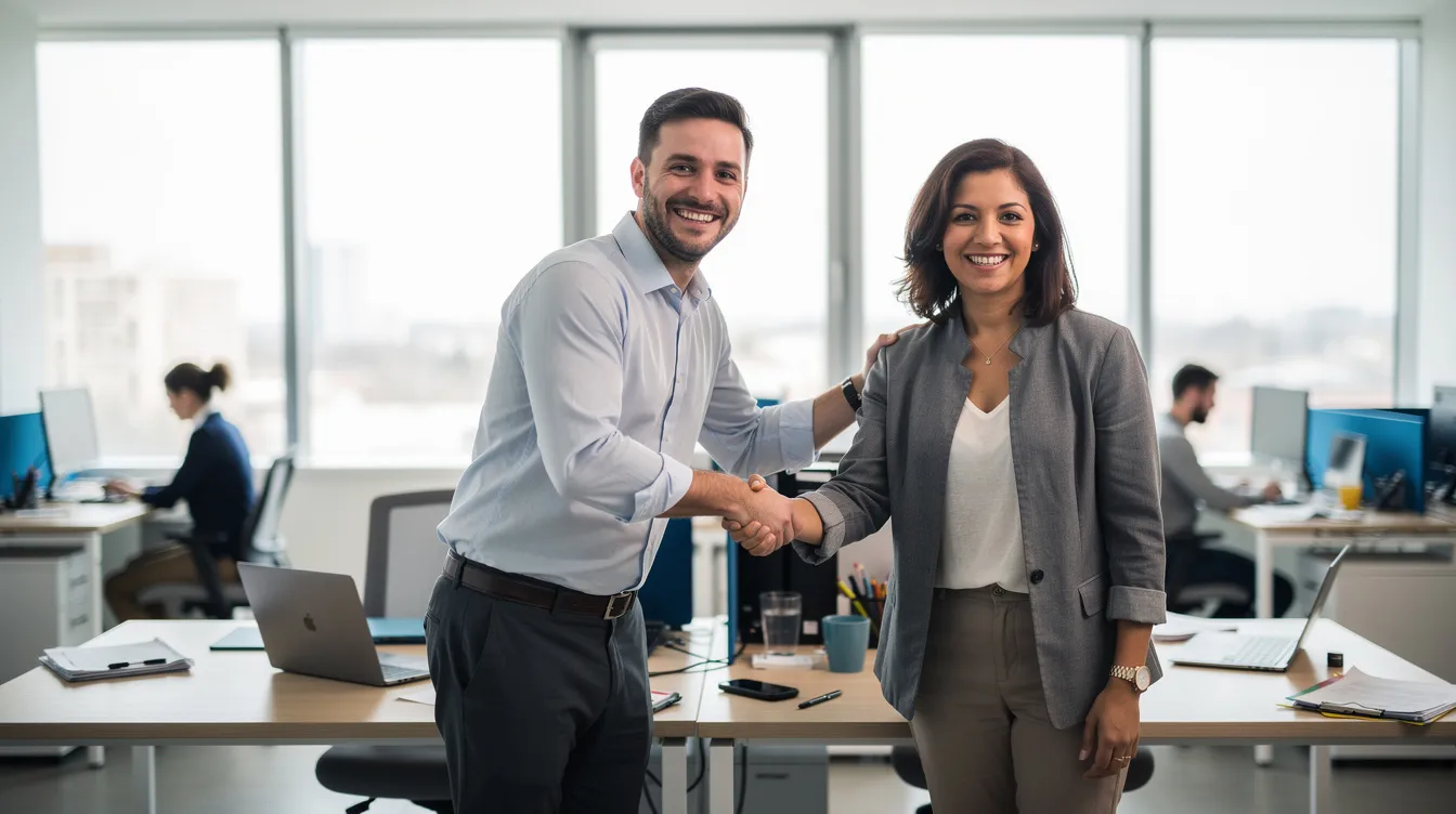 L'image montre un manager souriant qui félicite un collaborateur dans un open space, illustrant une dynamique positive de communication au sein de l'équipe. Cette interaction met en avant l'importance des signes de reconnaissance et du développement personnel dans le cadre du management.