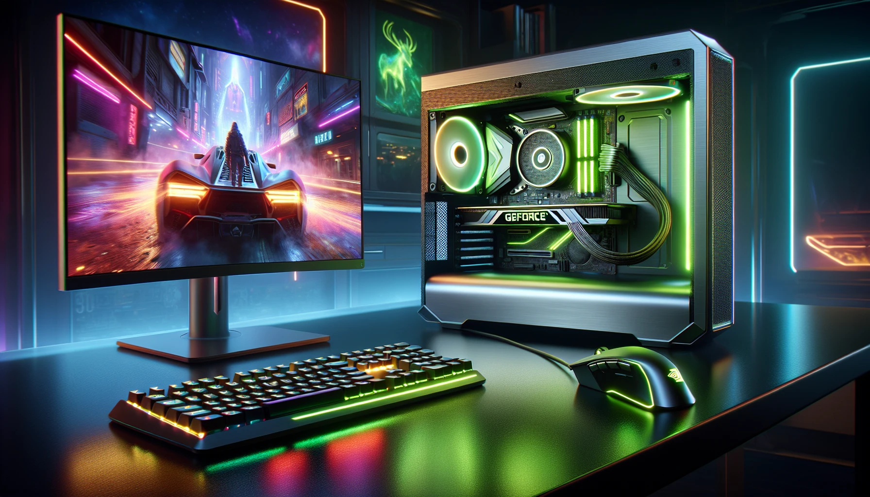 An illustration of a futuristic gaming setup with a powerful NVIDIA GeForce RTX series graphics card at the center