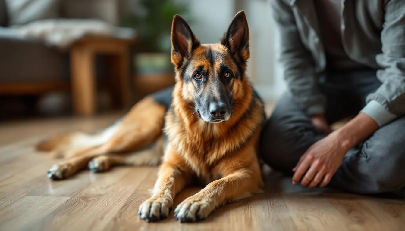 A German Shepherd is lying alertly at their owner's feet, showcasing a blend of protective and relaxed body language, typical of how many dogs prefer to sleep close to their owners for warmth and security. This furry friend remains in a vulnerable position, demonstrating their trust and affection while ensuring they stay connected.