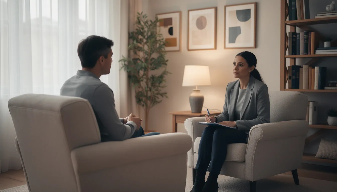 A person is seated across from a therapist in a cozy office, engaging in an evaluation that may address ADHD symptoms and executive function challenges. The setting suggests a supportive environment for discussing emotional regulation and coping strategies for adults with ADHD.