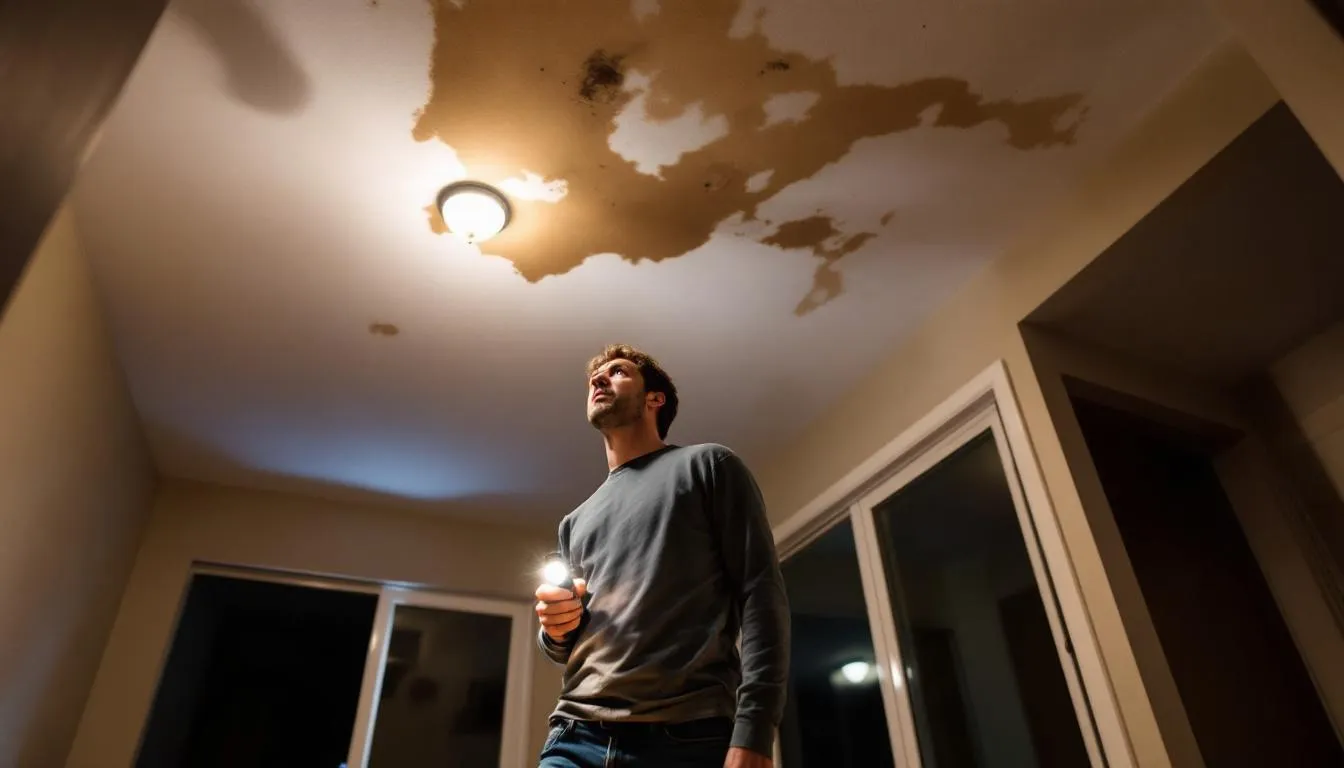 A concerned homeowner is inspecting water stains on the ceiling, indicating potential roof leaks or damage. The visible water stains suggest the need for further investigation to find the exact location of the leak and prevent further damage.