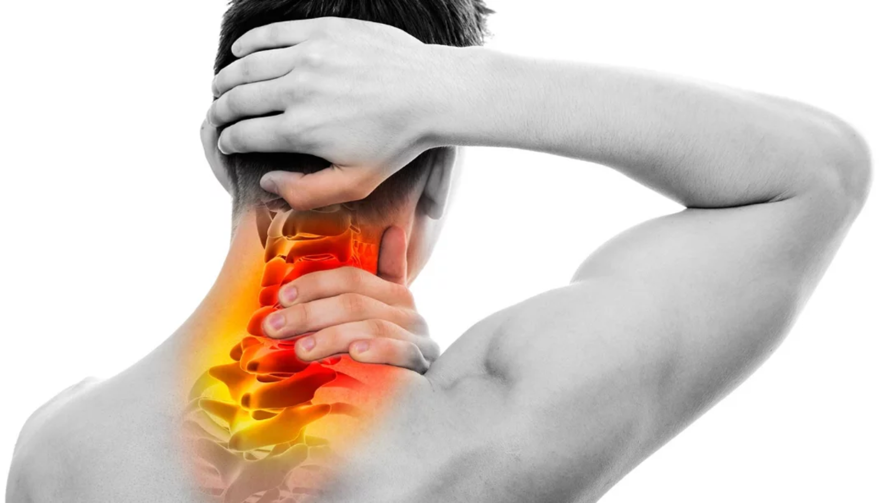 Mann holder seg til nakken med smerte, illustrert med rødglødende virvler som viser betennelse eller belastning i nakkevirvelsøylen.