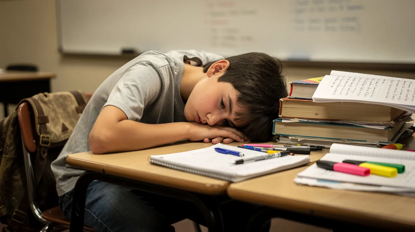 The image depicts a tired teenager resting their head on a desk surrounded by books, reflecting the common struggle of sleep deprivation among teens. This scene highlights the importance of healthy sleep habits and the recommended hours of sleep needed for their developing brains, especially during school weeks with early start times.