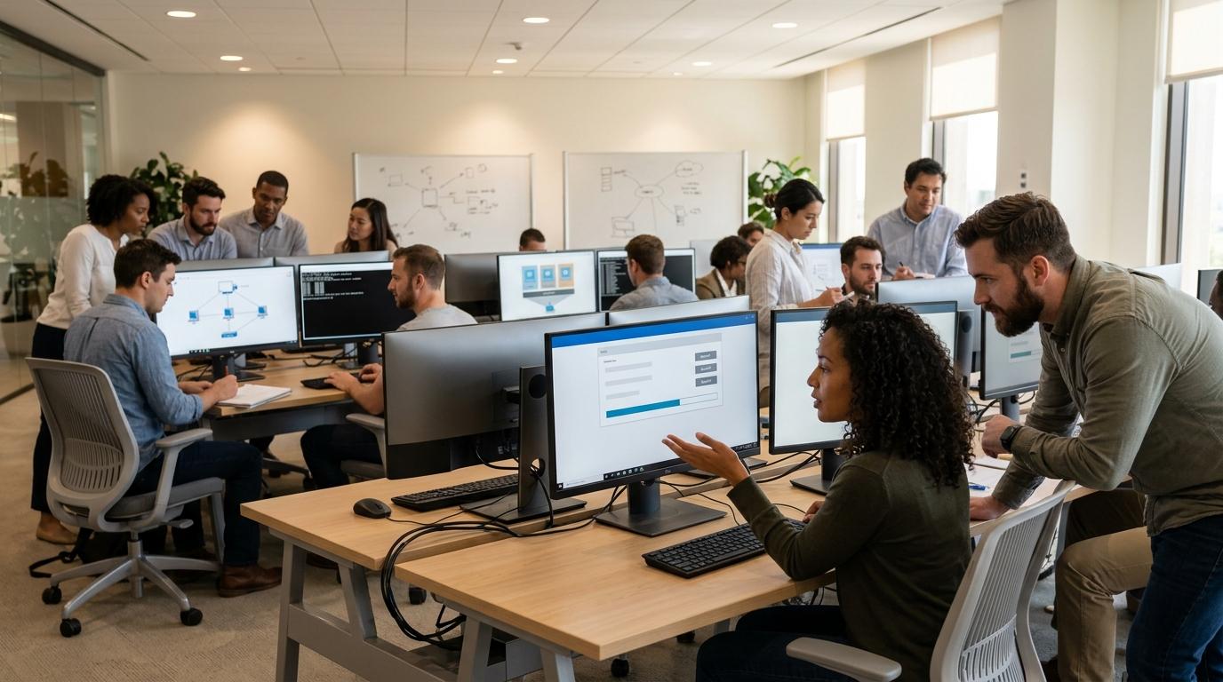 Modern cloud computing environment showing learners launching software instantly through a web browser while others access structured hands-on virtual IT labs.