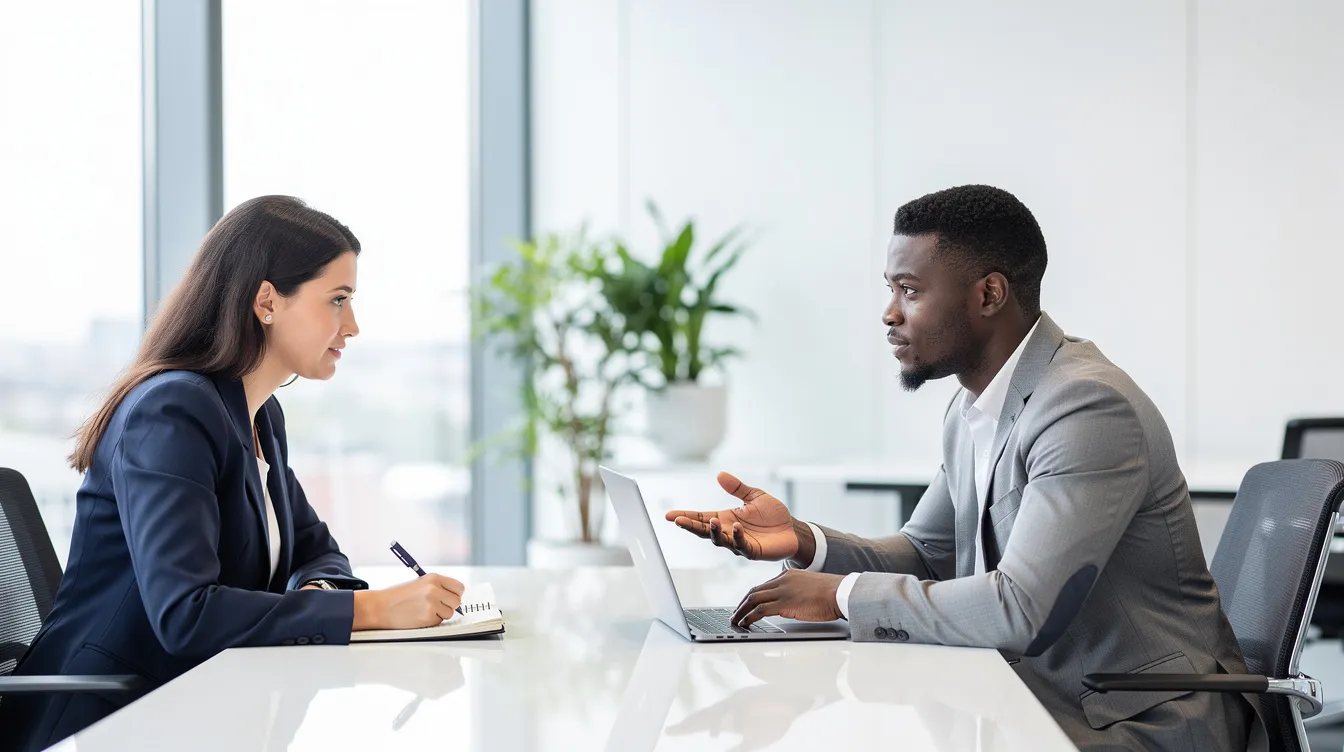 Two professionals engage in a consultation meeting at a modern office table, equipped with notebooks and a laptop, discussing strategies for leadership development and corporate training to enhance business outcomes and employee skills. The scene reflects a collaborative environment focused on continuous learning and professional development. Two professionals engage in a consultation meeting at a modern office table, equipped with notebooks and a laptop, discussing strategies for leadership development and corporate training to enhance business outcomes and employee skills. The scene reflects a collaborative environment focused on continuous learning and professional development.
