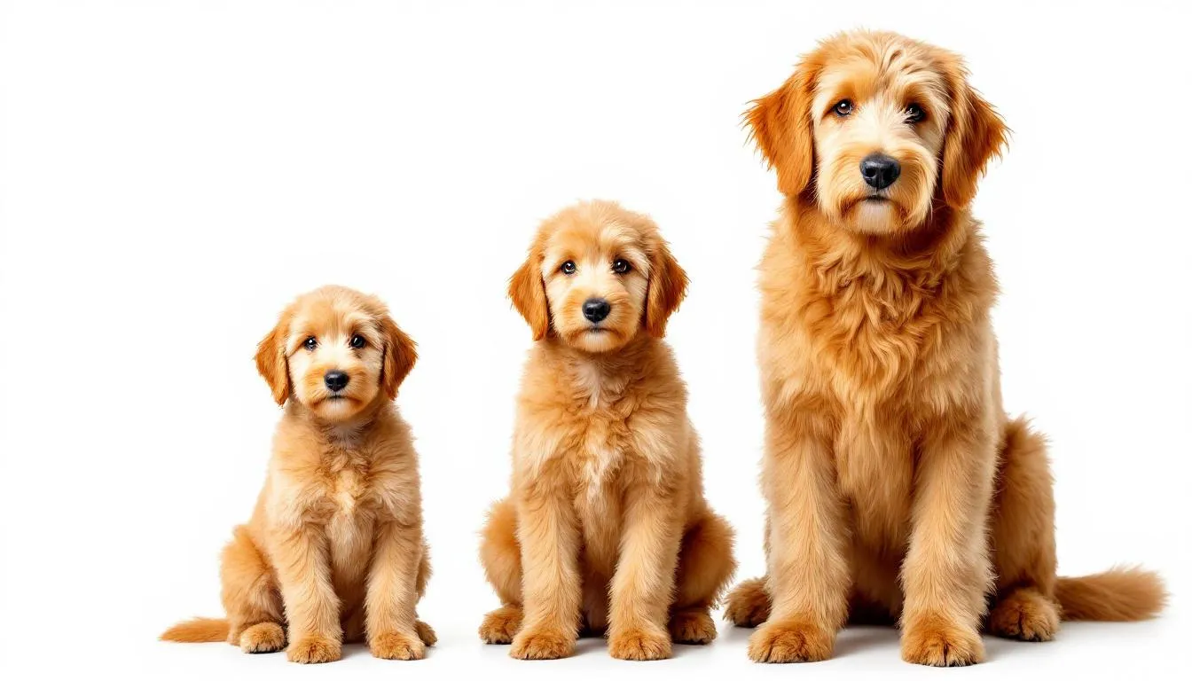 The image displays a side-by-side comparison of three Goldendoodle sizes: a miniature goldendoodle, a medium goldendoodle, and a standard goldendoodle, clearly illustrating the dramatic size differences among these dog breeds. Each dog stands next to the others, showcasing their varying heights and builds, making it easy to understand the distinctions in size and appearance.