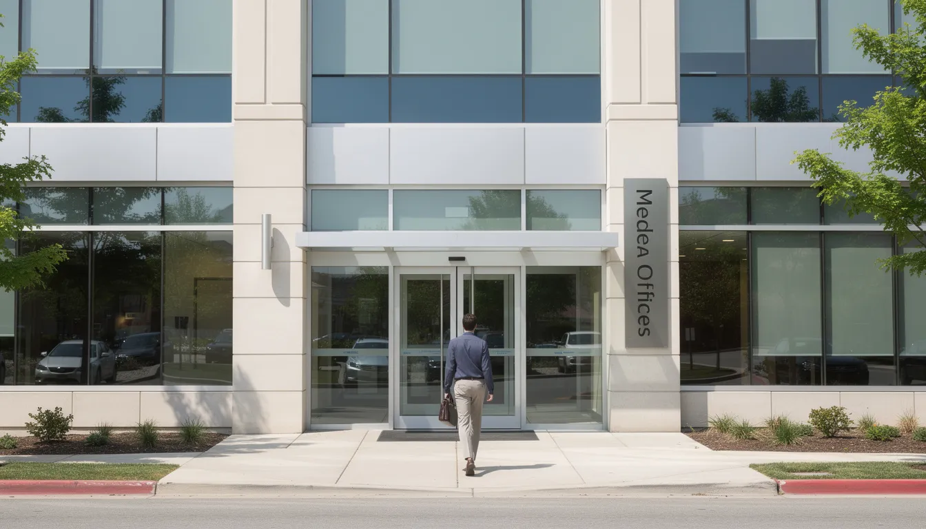 The image depicts a person entering a medical office building, likely for an independent medical examination related to a workers' compensation case. This setting is crucial for injured workers seeking evaluations from authorized treating physicians to assess their medical condition and treatment plans.