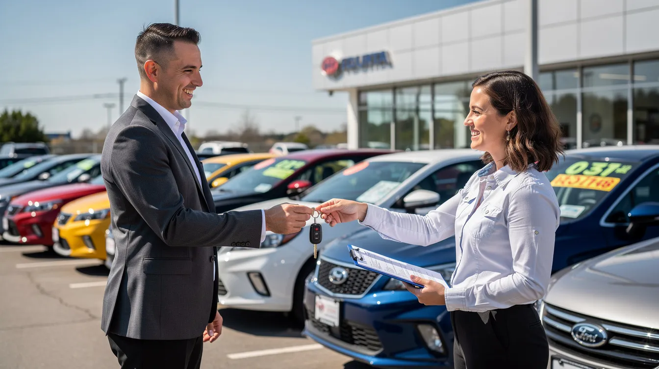 The image depicts two individuals at a dealership lot, exchanging car keys and paperwork, symbolizing a sales transaction. This moment captures the completion of a business transaction, where the buyer receives a bill of sale and payment confirmation for the purchase price of the vehicle.