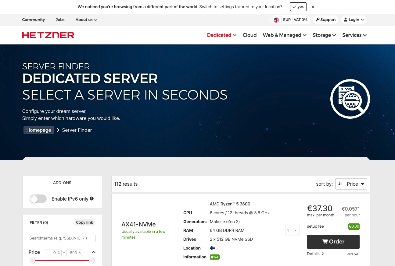 Hetzner unmetered dedicated server pricing and configuration page