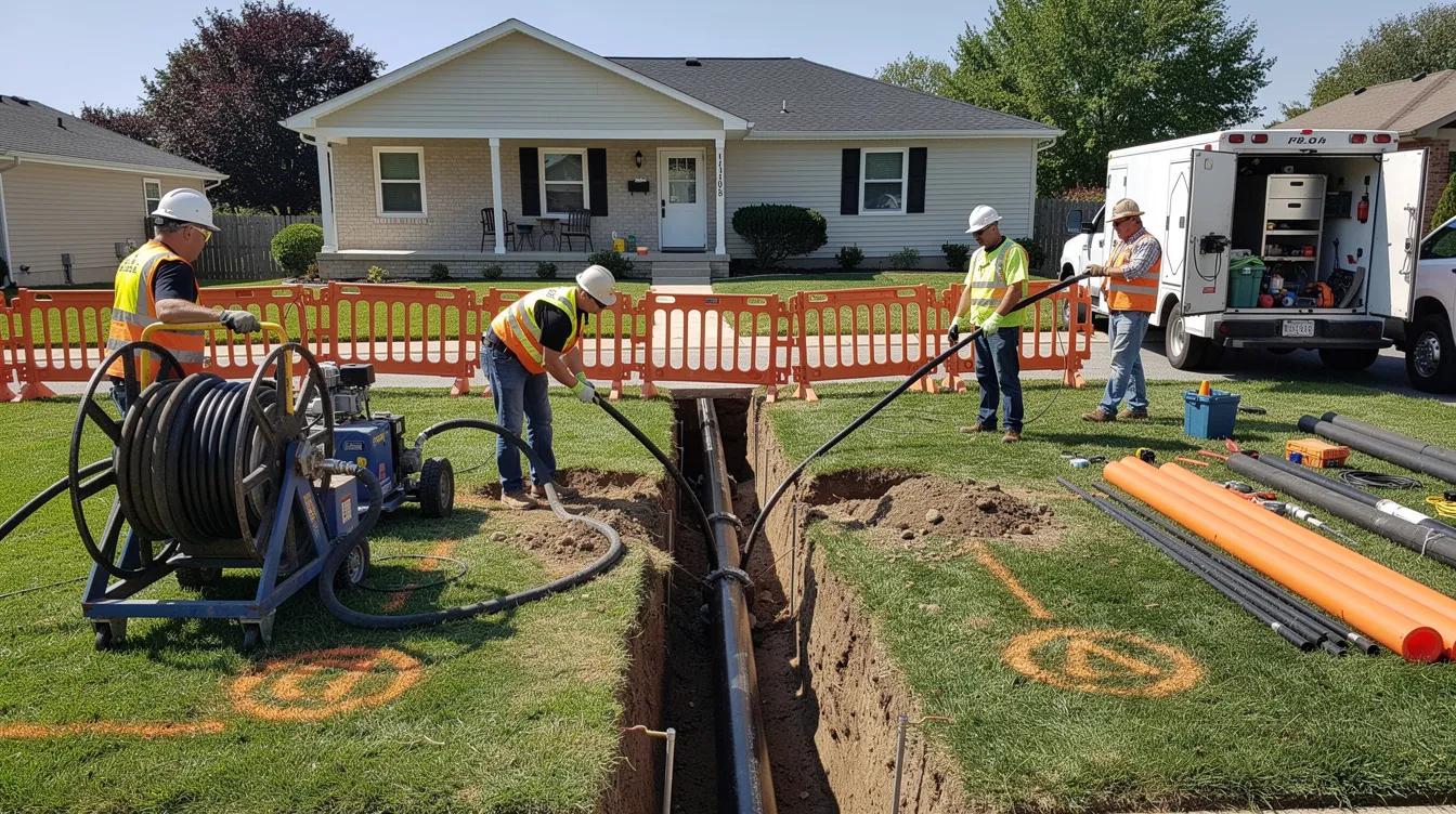 A construction crew is seen performing trenchless pipe repair in a residential yard, utilizing specialized equipment to fix damaged pipes without traditional excavation. This method helps homeowners address drain problems efficiently while minimizing disruption to their property.
