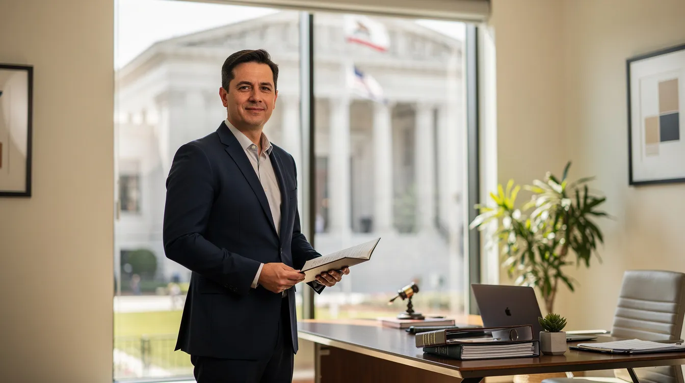 A professional family law attorney is seated at a modern desk in a law office, with a view of a California courthouse visible through the window. This setting reflects the attorney's commitment to providing effective legal representation for family law matters, including child custody arrangements and divorce cases, while assisting clients in the Placentia area.