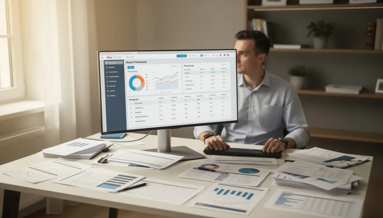 Na obrazku widać osobę pracującą przy komputerze, otoczoną dokumentami finansowymi, co sugeruje zajmowanie się tematyką faktoringu, w tym ryzykiem niewypłacalności kontrahenta oraz utrzymaniem płynności finansowej. Osoba ta może analizować należności i przygotowywać się do uregulowania zobowiązań związanych z faktoringiem pełnym bez regresu.