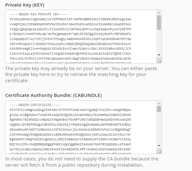 Generating the private key and certificate authority bundle in cPanel